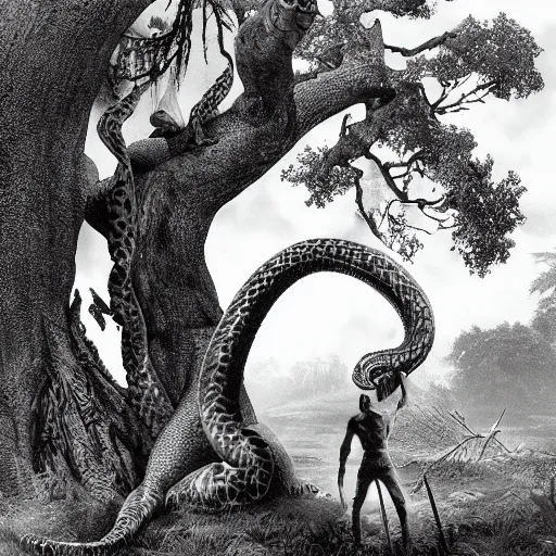 Prompt: A beautiful photograph of a large, looming creature with a long, snake-like body. The creature has many large, sharp teeth, and its eyes glow a eerie green. It is wrapped around a large tree, which is bent and broken under the creature's weight. There is a small figure in the foreground, clutching a sword, which is dwarfed by the size of the creature. mariachi by Marianne von Werefkin, by Worthington Whittredge manmade