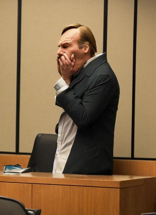 Prompt: screencap from better call saul episode, 'chuck mcgill'!! screaming, testifying on witness stand, plugging his nose, green stink fumes coming from rear, people running