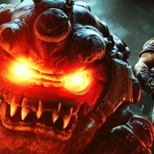 Image similar to Bowser!! as Bowser!! in 'Gears of War', splash art, movie still, cinematic lighting, detailed face, dramatic, octane render, long lens, shallow depth of field, bokeh, anamorphic lens flare, 8k, hyper detailed, 35mm film grain