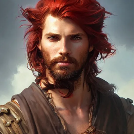 Image similar to portrait of a young ruggedly handsome pirate, male, masculine, upper body, red hair, long hair, d & d, fantasy, intricate, elegant, highly detailed, digital painting, artstation, concept art, matte, sharp focus, illustration, art by artgerm and greg rutkowski and alphonse mucha