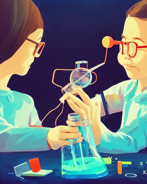 Image similar to a little girl is doing a science experiment. clean cel shaded vector art. minimalist illustration art by lois van baarle, artgerm, helen huang by makoto shinkai and ilya kuvshinov, rossdraws