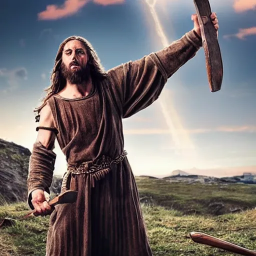 Image similar to Jesus Christ as a viking holding a battleax yelling and raising his arms, 8k, hyperrealistic, professional photography, epic composition