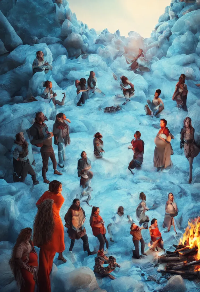 Image similar to epic leader pregnant woman talking to all her tribe around a bonfire, proud people looking at the pregnant woman, ice cave, facinating, fantasy digital art, octane render, beautiful composition, trending on artstation, coherent, masterpiece, photorealistic