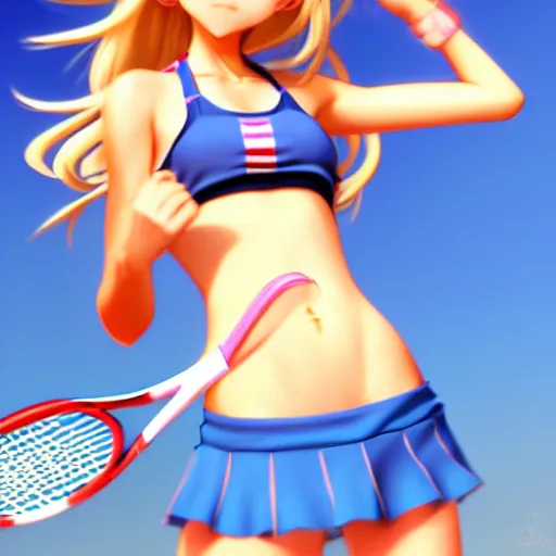 Image similar to a very beautiful young anime tennis girl, full body, head, long wavy blond hair, sky blue eyes, full round face, short smile, bikini, miniskirt, front view, mid - shot, highly detailed, cinematic wallpaper by stanley artgerm lau