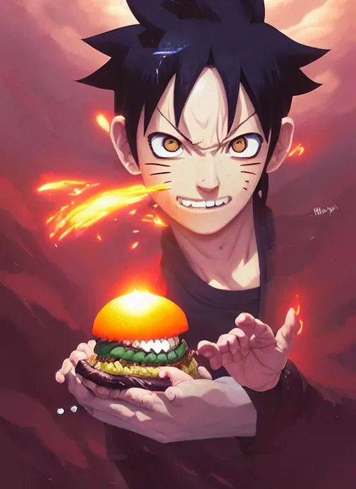 Image similar to highly detailed black hamburger eating naruto uzumaki with black hair, art by greg rutkowski, loish, rhads, ferdinand knab, makoto shinkai and lois van baarle, ilya kuvshinov, rossdraws, tom bagshaw, global illumination, radiant light, detailed and intricate environment