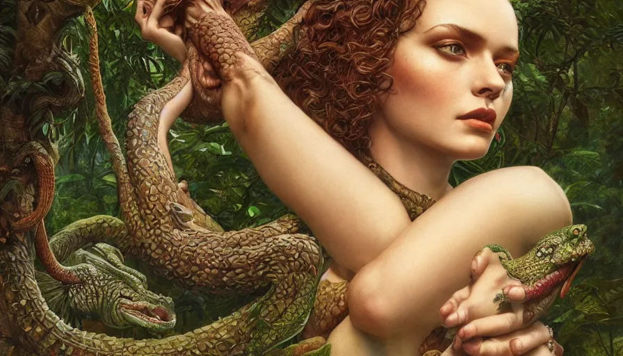 Image similar to garden of eden, the serpent on a tree, scales, insanely detailed and intricate, charlie bowater, tom bagshaw, norman rockwell, high resolution, photorealistic, octane rendered, unreal engine, illustration, trending on artstation, masterpiece, 8 k