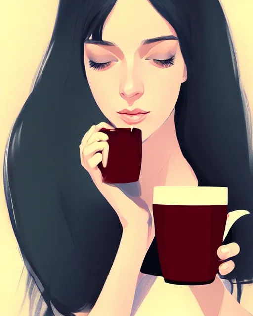 Prompt: a portait of a beautiful dark haired french girl, attractive collarbone and shoulders, holding a mug of hot tea. In the style of ilya kuvshinov, elegant, highly detailed, photorealistic, digital painting, high resolution, artstation, concept art, smooth