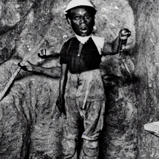 Prompt: a historical black and white portrait of a Gremlin working in the mines