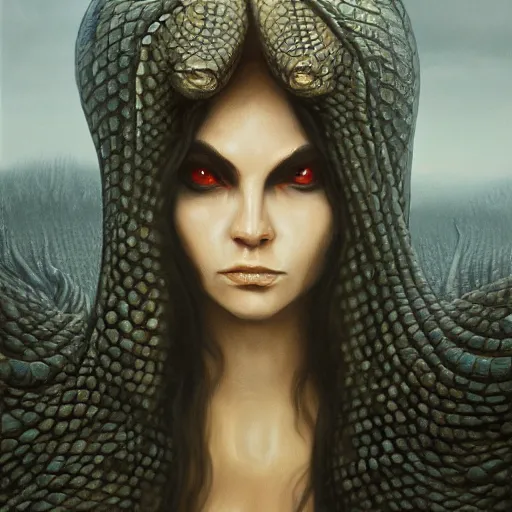 Image similar to snake woman, elden ring boss, matte painting, detailed, elden ring, oil on canvas