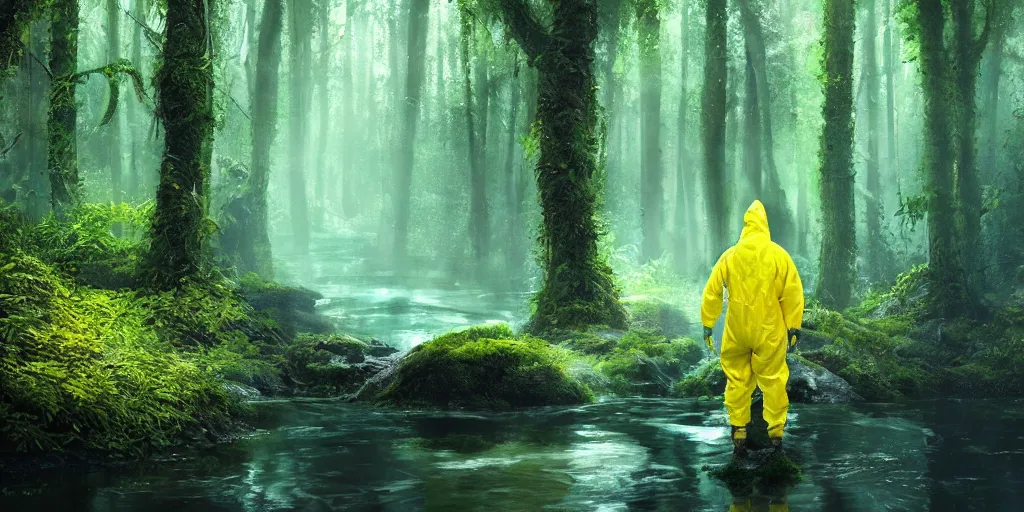 Image similar to a man in a yellow hazmat suit pours glowing green liquid into a magical river and stands in a detailed forest, painting, concept - art!!, rendering, octane, redshift, cinematic composition, volumetric lighting