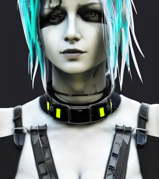 Image similar to detailed realistic female character cyberpunk wearing thick technological collar around neck, realistic, art, beautiful, 4K, collar, choker, collar around neck, punk, artstation, detailed, female, woman, choker, cyberpunk, neon, punk, collar, choker, collar around neck, thick collar, tight around neck, punk,