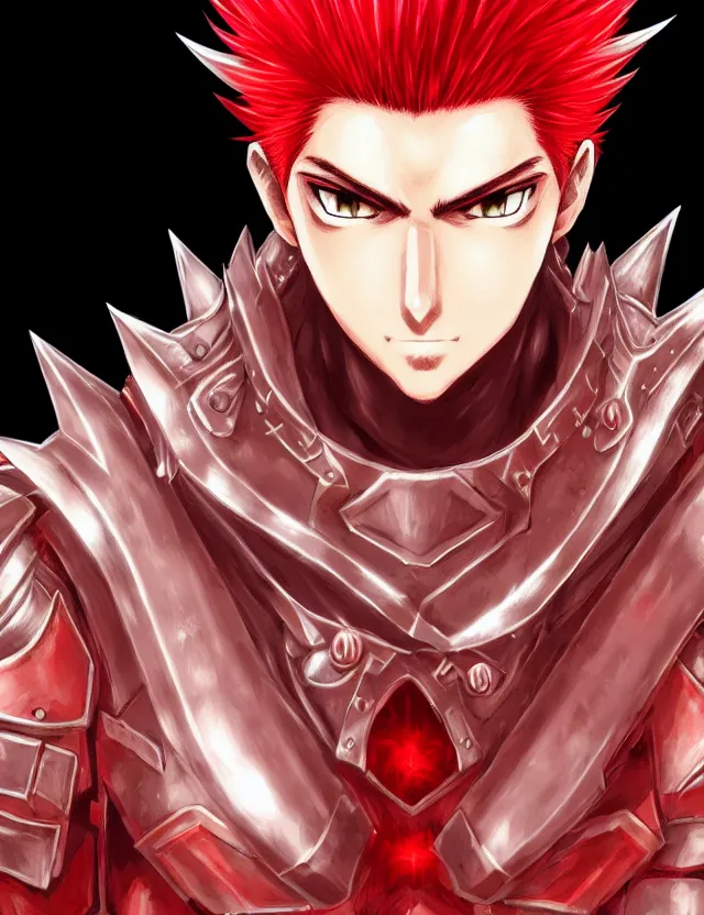 Image similar to a detailed manga portrait of a handsome tall man with spiked crimson hair in fiery crimson crystalline armour, trending on artstation, digital art, 4 k resolution, detailed, high quality, sharp focus, hq artwork, coherent, insane detail, character portrait