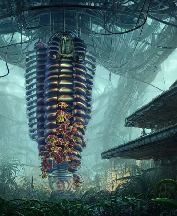 Prompt: a giant solid industrial plant made out of isopod wasp octopus, in the style of a strange exotic spaceship, overgrown with disturbing orchids, godbeams, partly cloudy, somber, dramatic lighting, by dan mumford, yusuke murata, makoto shinkai, ross tran, cinematic, unreal engine, cel shaded, featured on artstation, pixiv