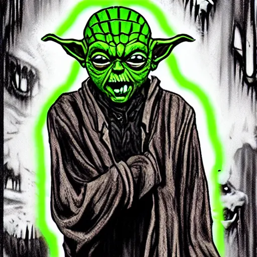 Prompt: zombie yoda, yoda as a zombie, chris claremont, zombified, scary