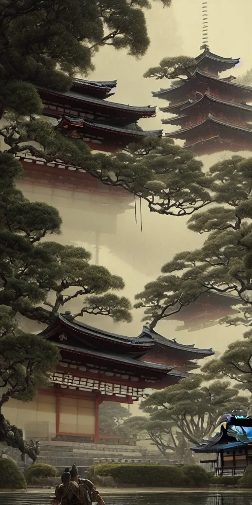 Prompt: japanese style palace under attack, hyper realistic, lush gnarly plants, 8 k, denoised, by greg rutkowski, tom bagshaw, james gurney cozy atmospheric and cinematic lightingg