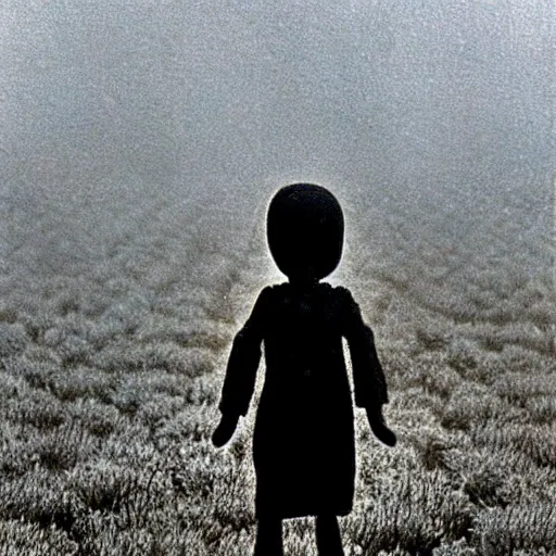 Prompt: A screaming silhouette blurry creepy porcelain doll standing in a foggy field. Vintage Associated Press photo.