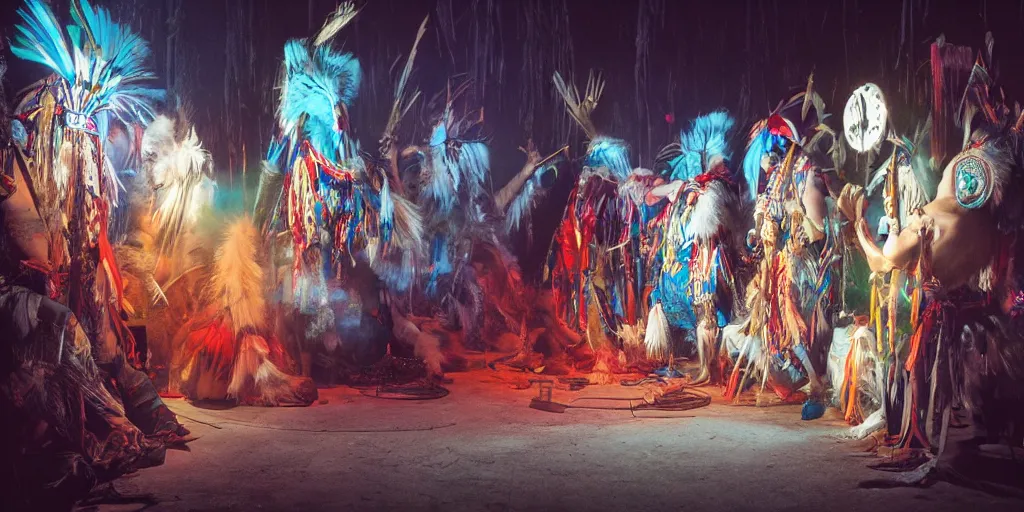 Prompt: of Native American shaman drumming by Liam Wong and Boris Vallejo