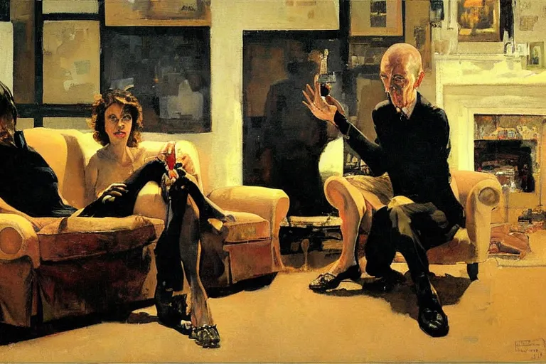Prompt: a thin man and his wife sit on a sofa and argue in a dark living room, painted by phil hale and rick berry and dean cornwell and norman rockwell and jeremy mann, highly detailed
