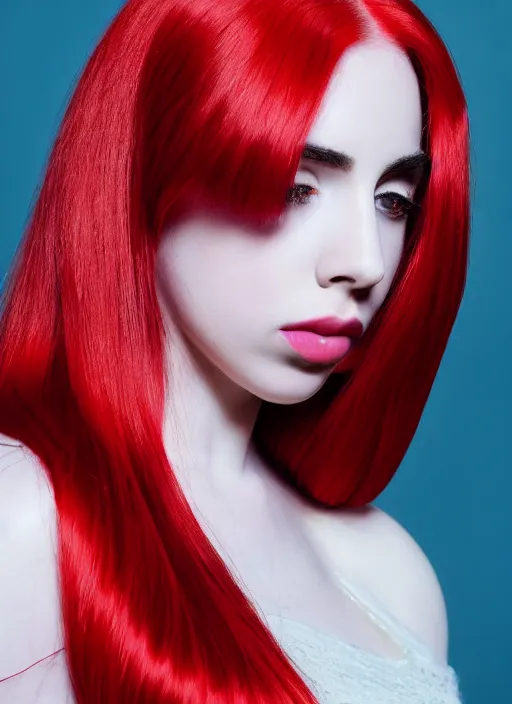 Image similar to ava max bright red hair photographed by charlotte rutherford, canon, highly realistic. high resolution. highly detailed. dramatic. 8 k. 4 k.