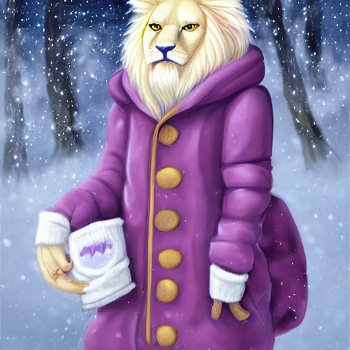 Image similar to a cute, well - drawn, professionally painted anthropomorphic purple albino lion wearing a cute cozy winter outfit, winter atmosphere, furry fandom, furaffinity, digital painting, digital art, detailed, high - resolution