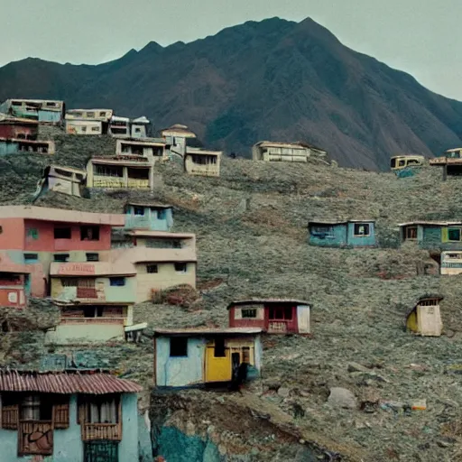 Prompt: cinematic shot from a wes anderson film showing a village in the andes