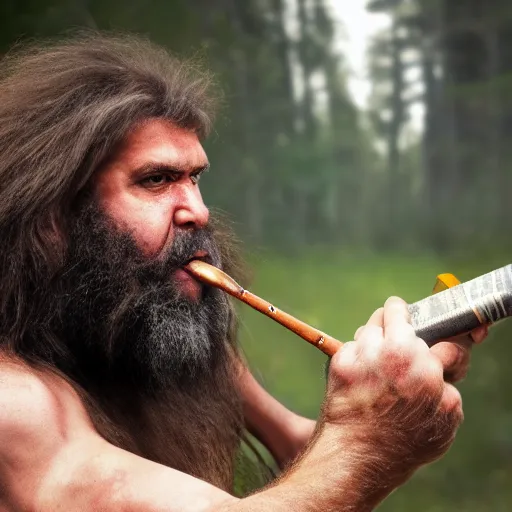 Image similar to photo of ancient caveman shotgunning a beer can, high detail, ultra realistic, 4k UHD, pristine