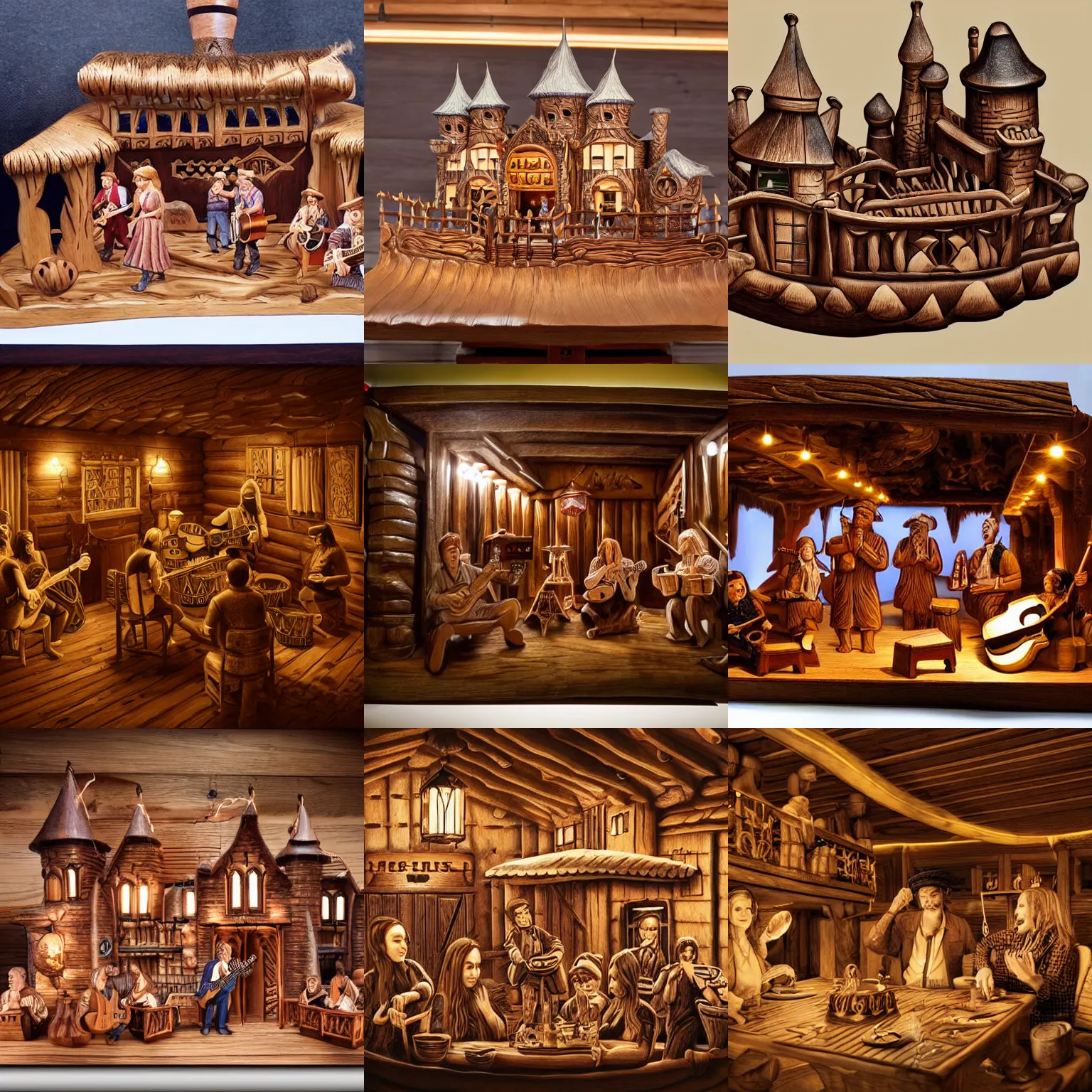 Prompt: a photorealistic fantasy wood carving of a folk band playing in a floating castle dining hall. cinematic lighting.