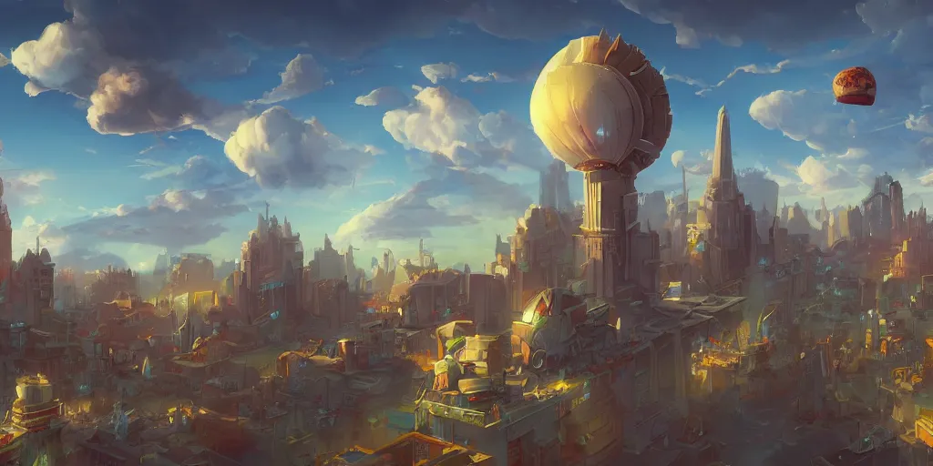 Prompt: a city in the style of piltover from arcane, blimps in the sky, blue skies, soft clouds, trending on artstation