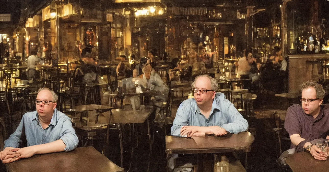 Image similar to todd solondz, high quality high detail image of todd solondz sitting with a friend in an empty bar in tel aviv street, drinking, smoking, clear sharp face of todd solondz, night, by lucian freud and gregory crewdson and francis bacon, hd, photorealistic lighting