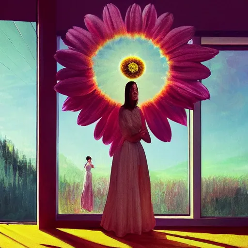 Prompt: giant daisy flower as a head, woman standing next to modern window in luxury loft, surreal photography, sunlight, impressionist painting, digital painting, artstation, simon stalenhag