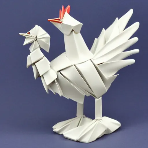 Image similar to beautiful, glorious porcelain origami chicken emperor, blue and silver colors, 3 d rtx hd