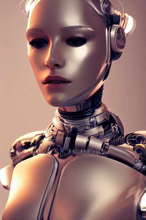 Prompt: a beautiful woman with blonde hair wearing robot suit with wires and light, highly detailed, photorealistic, artstation, smooth