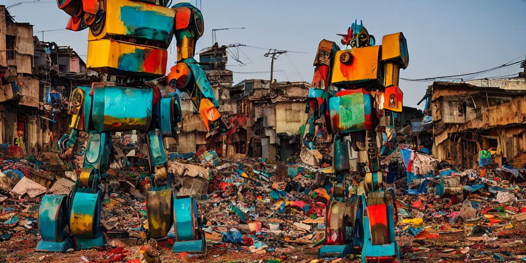 Prompt: colourful but destroyed giant mecha ROBOT of AJEGUNLE SLUMS of Lagos, markings on robot, Golden Hour,