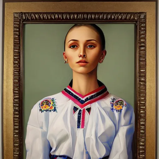 Image similar to hyperrealism oil painting, portrait of ukrainian model in traditional vyshyvanka shirt