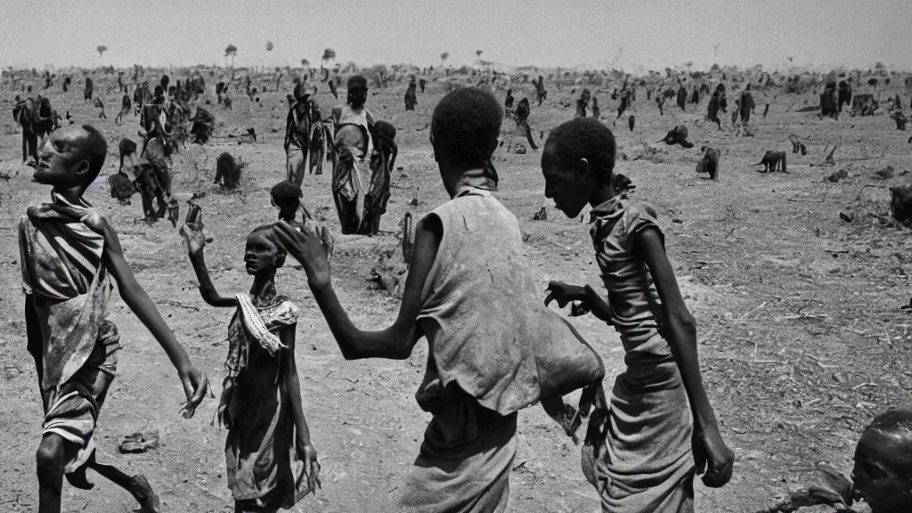 Prompt: 1 9 8 4 ethiopian famine and drought, dark, moody, feature article by new york times, 8 k