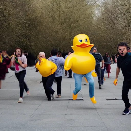 Image similar to rubber duck zombies chasing terrified people, photography