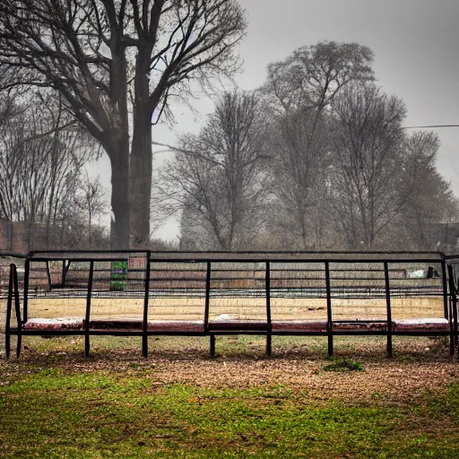 Prompt: an old abandoned children's playground, in a dismal city park, in a town filled with pale yellow mist. Dystopian. Award-winning photo. Sigma 40mm f/1.4 DG HSM