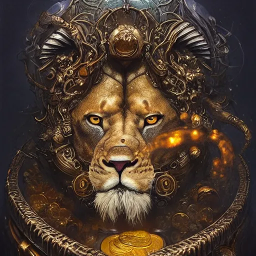 Image similar to a beautiful detailed 3 d matte portrait of a alchemist lion, by ellen jewett, by tomasz alen kopera, by justin gerard, ominous, magical realism, texture, intricate, skull, skeleton, gold coins, money, whirling smoke, alchemist bottles, radiant colors, fantasy, volumetric lighting, high details