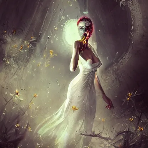 Image similar to a woman in a white dress with yellow flowers on her body, cyberpunk art by bastien lecouffe - deharme, trending on cgsociety, fantasy art, dystopian art, apocalypse art, rococo