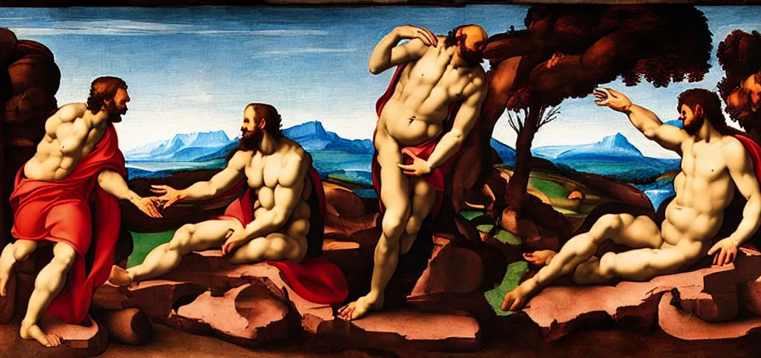 Image similar to the creation of adam painting by artist michelangelo