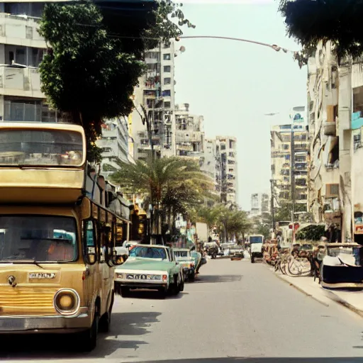 Prompt: Tel Aviv street in the 1980s, film photography