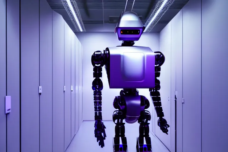 Image similar to hyperrealistic medium shot robot cyborg in data center server by stanley kubrick highly detailed concept art eric zener william gibson cinematic hard purple lighting high angle hd 8 k sharp shallow depth of field