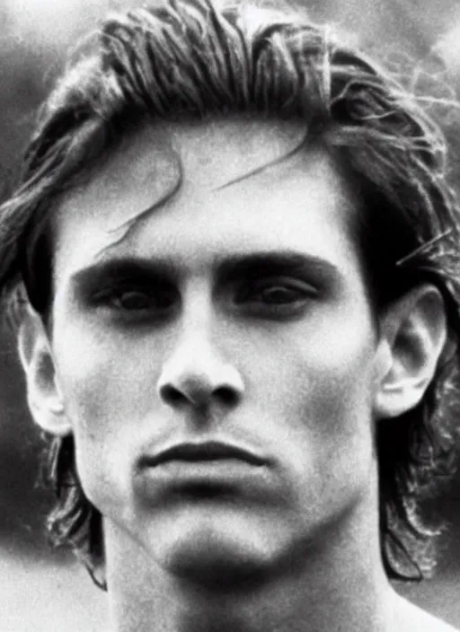 Image similar to a skinny young Tarzan with a man bun, close-up portrait of young white male, with long straight slicked back brown black hair shoulder length