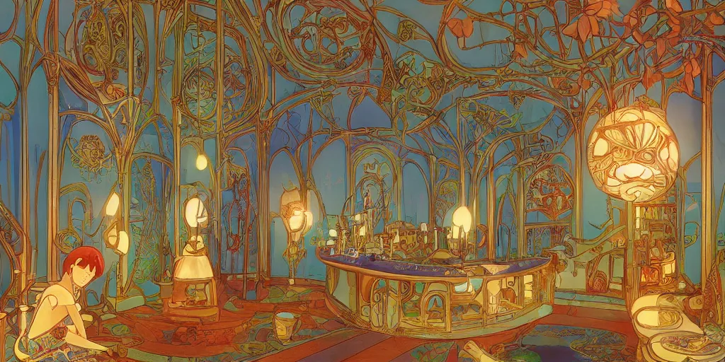 Image similar to an art nouveau decorated alchemy room, magical, bright, colorful, fantastic lighting, amazing details, 4 k uhd, illustration by hayao miyazaki and makoto shinkai and ilya kuvshinov, artstation, pixiv,