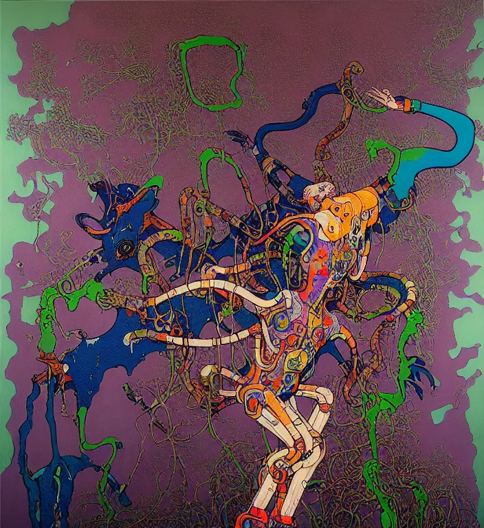 Prompt: pixelated corrupted over-saturated professional , abstract expressionism thick flowing oil acrylic painting , defined colours image of a fully clothed punk cyborg-person in the cyberpunk forest with a goat and a robot by Ivan Bilibin, Austin Osman Spare, high quality, ultra detailed. Beksinski painting, art by Takato Yamamoto. masterpiece, oil on canvas painting, pixelart, pixel sorting, datamosh, glitch. vivid acid neon colours. Futurism by beksinski carl spitzweg moebius and tuomas korpi. baroque elements. baroque element. intricate artwork by caravaggio. Oil painting. 3d rendered in octane. cinematic, pixiv, unreal5, 8k. by H.R Giger, by Ayami Kojima, Amano, Karol Bak, Greg Hildebrandt, and Mark Brooks, Neo-Gothic, gothic, rich deep colors. masterpiece, intricate artwork by Tooth Wu and wlop and beeple, greg rutkowski. still from a 2021 movie by Terrence Malick, Tarkovsky, Gaspar Noe, James Cameron,