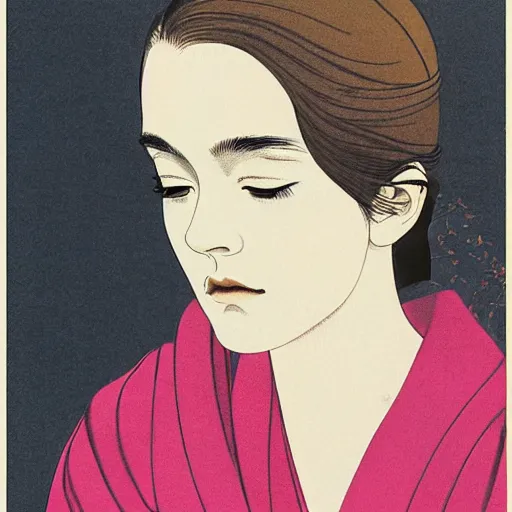 Prompt: emma watson portrait by ikenaga yasunari and ayana otake and ko rakusui, 6 0 s poster, drawing, realistic, sharp focus, japanese, dreamy, nostalgia, faded, golden hues, floral clothes