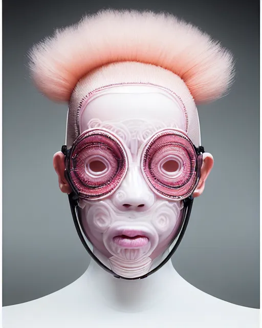 Prompt: symmetrical portrait of a woman wearing a embroidered translucent silicone mask and pink hair buns, wearing a black bodysuit by alexander mcqueen, cream white background, soft diffused light, biotechnology, humanoide robot, bjork aesthetic, translucent, by rineke dijkstra, intricate details, highly detailed, masterpiece,