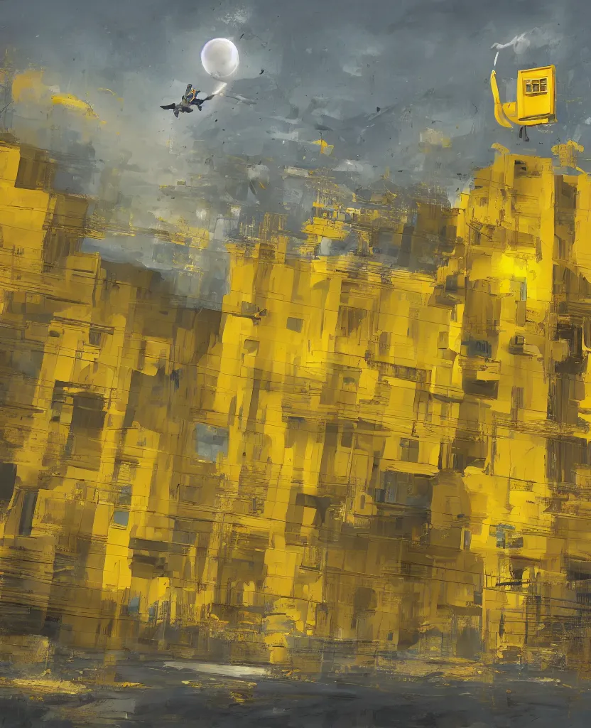 Image similar to a painting of a yellow building floating in the air, concept art by kamal ud - din behzad, artstation, maximalism, official art, concept art, 2 d game art