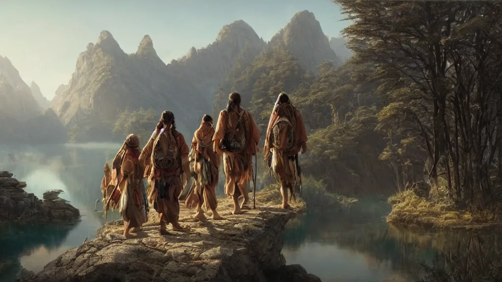 Image similar to highly detailed image of a group of indigenous travelers, walking in a line, traditional clothing, unreal engine, fantasy art by greg rutkowski, mountains, lake, hunter, by greg rutkowski, cgsociety, ferdinand knab, rossdraws, tom bagshaw, global illumination, radiant light, detailed and intricate environment