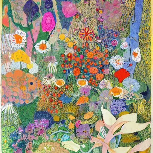 Prompt: a garden of flowers, a mix media painting by Victo Ngai, laurel burch and Leonardo da Vinci and Natalia Goncharova, cluttered , child's drawing